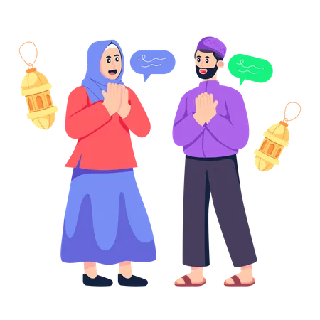 Muslim Family Visiting And Greeting  Illustration