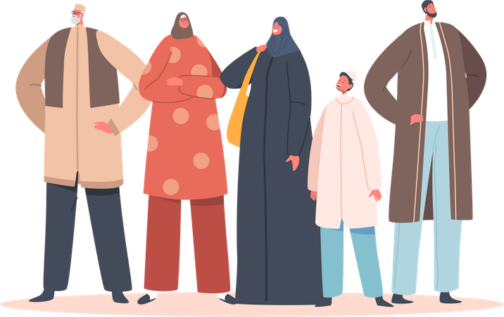 Muslim Family Wear National Clothes Illustration