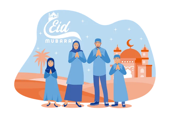 Muslim family wishes you a happy Eid  Illustration
