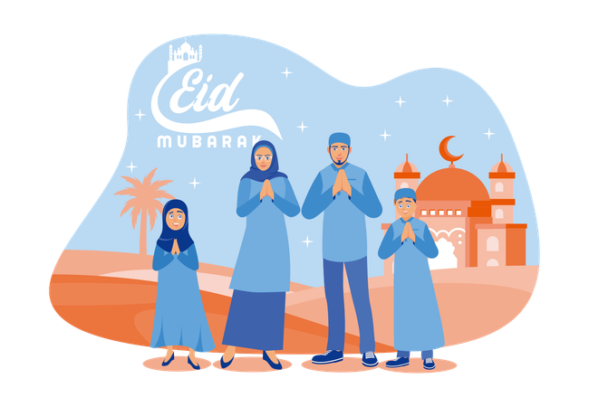 Muslim family wishes you a happy Eid  Illustration