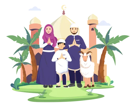 Muslim family wishing Eid  Illustration