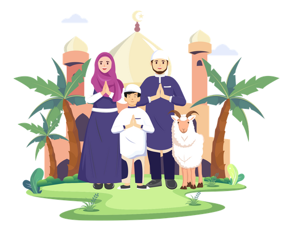 Muslim family wishing Eid  Illustration