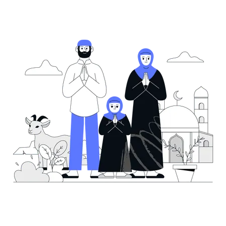 Muslim Family Wishing Happy Eid Al Adha For Everyone Illustration