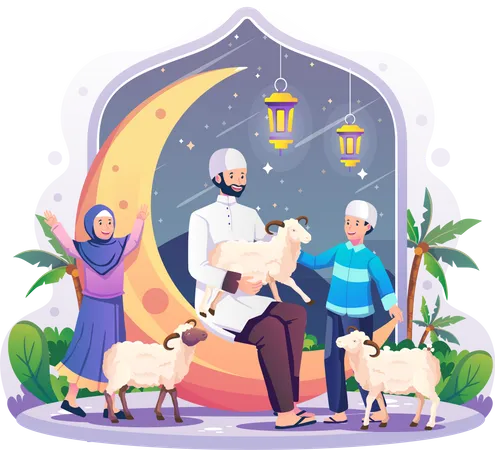 Muslim Family With Sheeps celebrating Eid al-Adha  Illustration