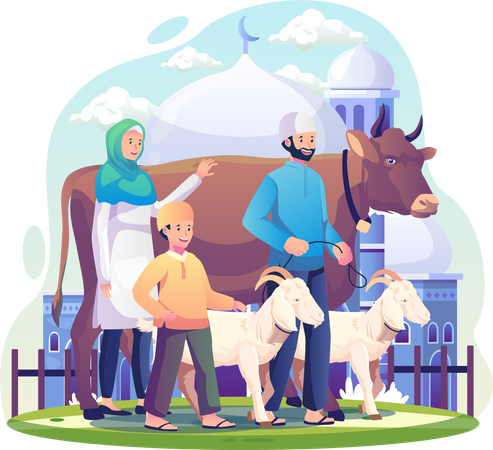 Muslim Family With Their Animals celebrating Eid al-Adha Illustration