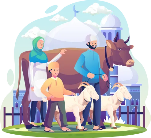 A Muslim Family Celebrates Eid Al Adha With A Cow And Some Goats As Sacrificial Animals Vector Illustration In Flat Style Illustration