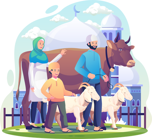 Muslim Family With Their Animals celebrating Eid al-Adha  Illustration