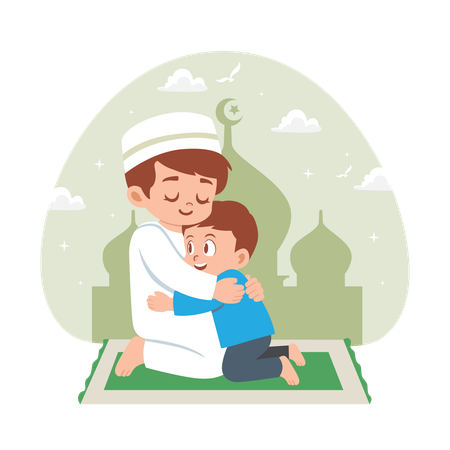 Muslim father and son doing hugging  Illustration