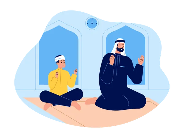Muslim father and son doing prayer in mosque  Illustration
