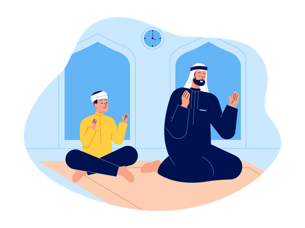 Muslim father and son doing prayer in mosque  Illustration