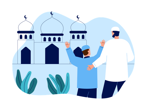 Muslim father and son going mosque for prayer  Illustration