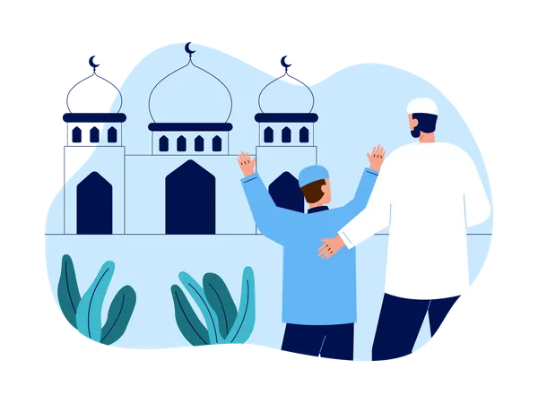 Muslim father and son going mosque for prayer  イラスト