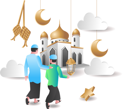 Muslim father and son going to masjid Illustration
