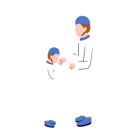 Muslim Father And Son Greeting Each Other In Eid Day Illustration