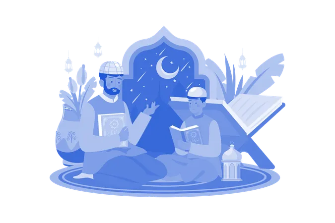 Muslim Father And Son Reading Quran Illustration