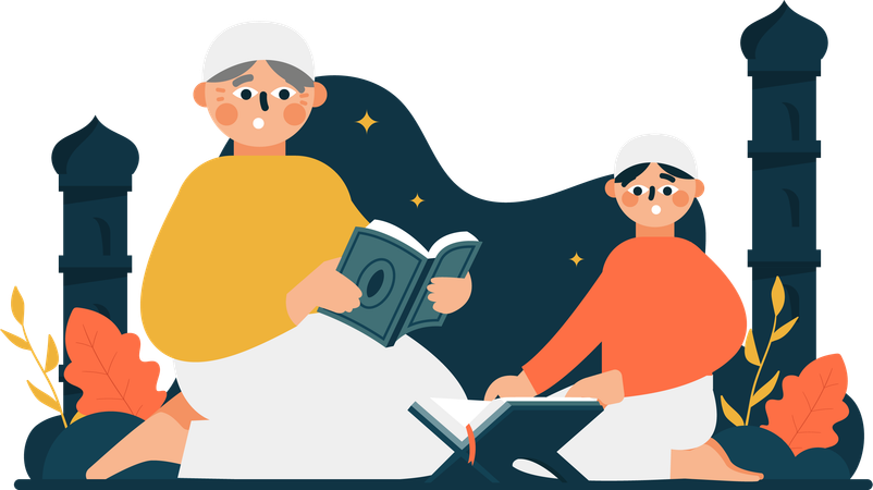 Muslim father and son reading quran  Illustration