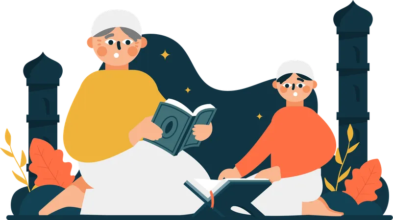 The Illustration Of Father And Son Reading The Quran Is A Visually Appealing Image That Conveys Warm Wishes And Celebration During Eid This Image Can Be Used In Marketing Materials Social Media Posts And Greeting Cards To Connect With Muslim Audiences Illustration
