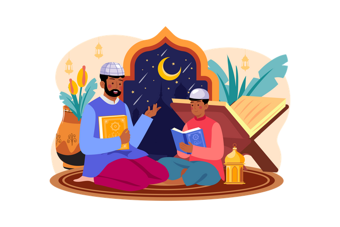 Muslim father and son reading quran Illustration