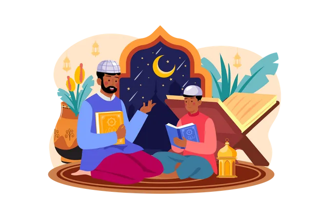 Muslim father and son reading quran Illustration