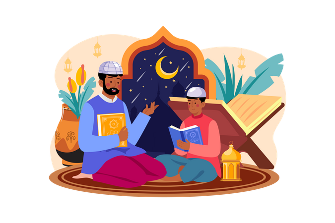 Muslim father and son reading quran  Illustration