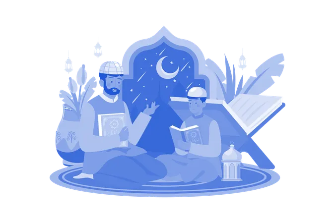 Muslim Father And Son Reading Quran  Illustration