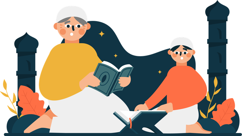 Muslim father and son reading quran  일러스트레이션