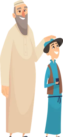 Muslim father and son standing together  Illustration