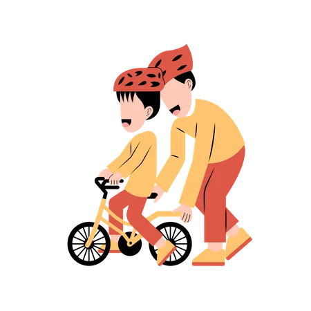 Muslim Father playing bicycle with son  Illustration