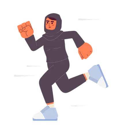 Muslim Female Athlete Jogging Cartoon Flat Illustration Running In Hijab Sportswoman 2 D Character Isolated On White Background Healthy Lifestyle Arab Woman Runner Marathon Scene Vector Color Image Illustration