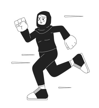 Muslim Female Athlete Jogging Black And White Cartoon Flat Illustration Running In Hijab Sportswoman Linear 2 D Character Isolated Arab Woman Runner Marathon Monochromatic Scene Vector Image イラスト