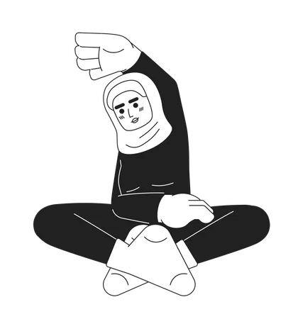 Muslim Female Exercising Flexibility Black And White 2 D Cartoon Character Hijab Young Woman Work Out Class Isolated Vector Outline Person Girl Fitness Clothing Monochromatic Flat Spot Illustration Illustration