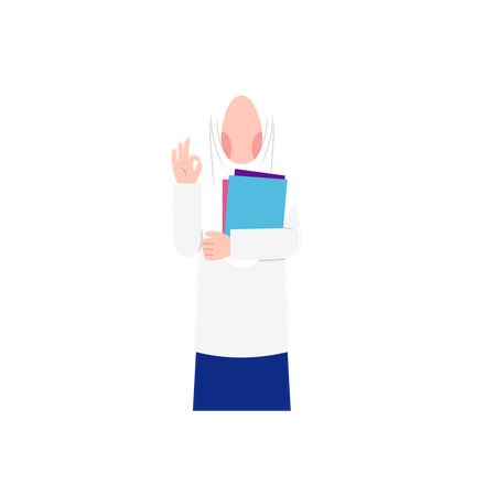 Muslim Female Student holding book and showing ok  Illustration