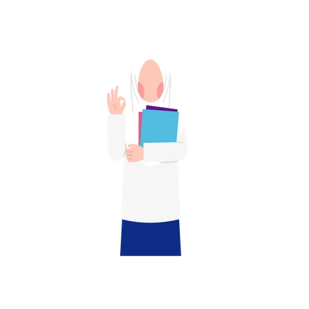 Muslim Female Student holding book and showing ok Illustration
