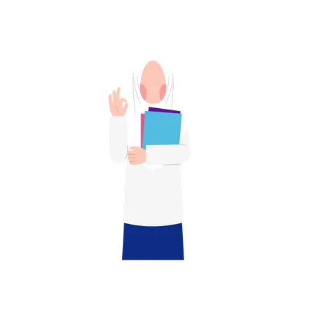 Muslim Female Student holding book and showing ok  Illustration