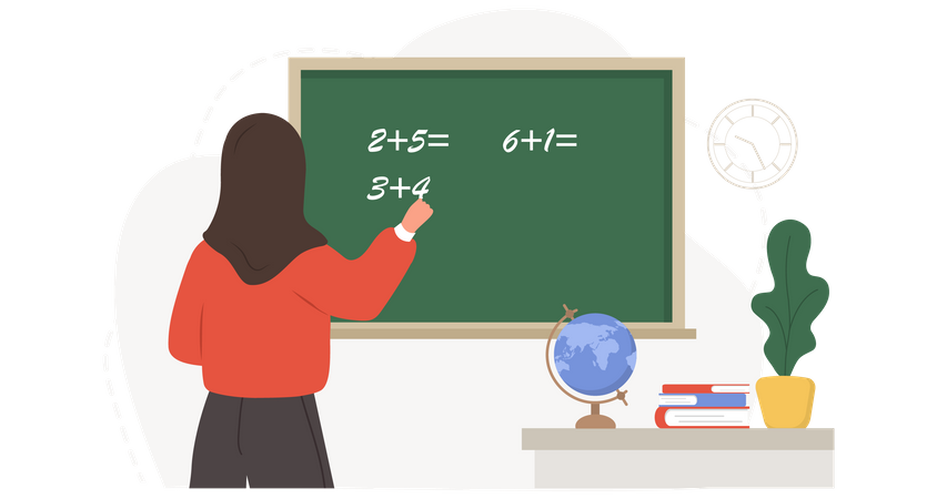 Muslim female teacher teaching math in classroom  Illustration