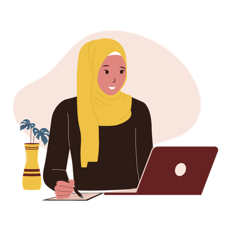 Muslim female using laptop  Illustration