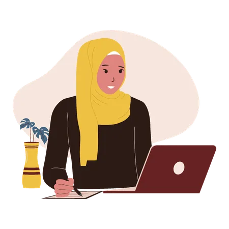 Muslim female using laptop  Illustration