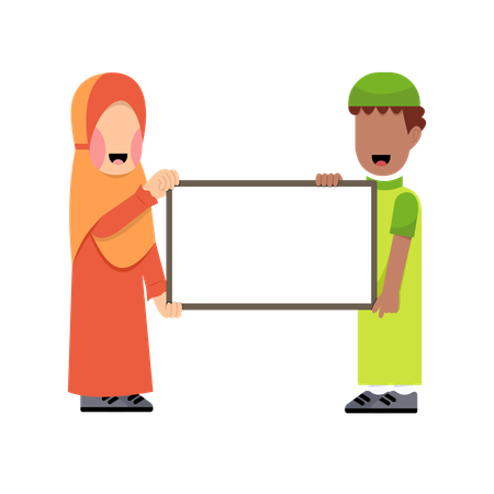 Muslim girl and boy Holding Board  Illustration