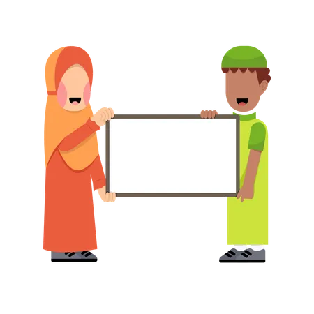 Muslim girl and boy Holding Board  Illustration