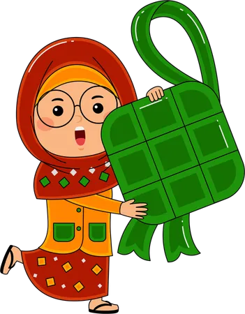 Muslim Girl Bring Ketupat  Illustration