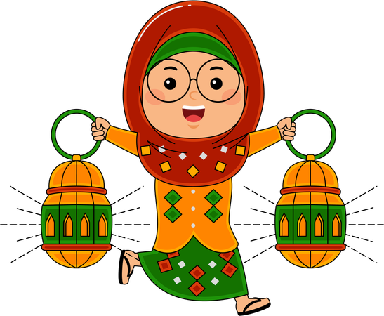 Muslim Girl Bring Lantern Lamp  Illustration