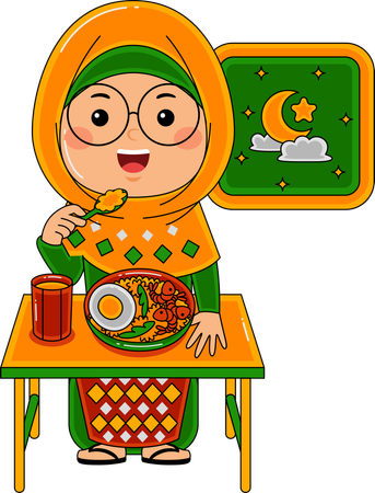 Muslim Girl Eating At Sahur  Illustration