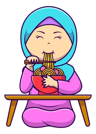 Muslim Girl Eating Ramen Noodle  Illustration