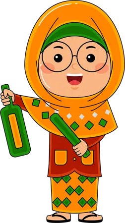 Muslim Girl Hitting Kentongan Traditional Alarm  Illustration