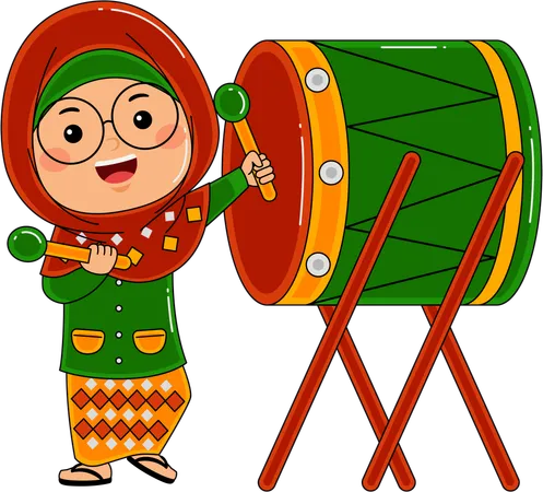 Muslim Girl Hitting The Drum イラスト