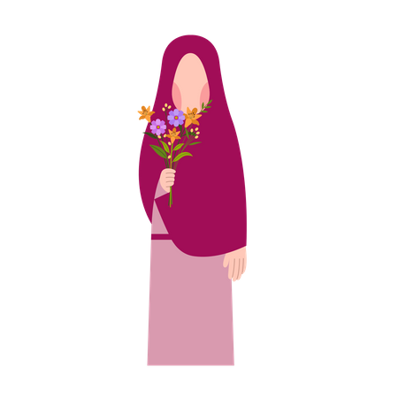 Muslim Girl Holding Flower  Illustration