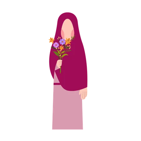 Muslim Girl Holding Flower  Illustration