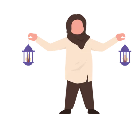 Muslim girl holding lantern  Illustration