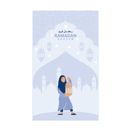 Muslim girl holding lantern with crescent moon and star Illustration