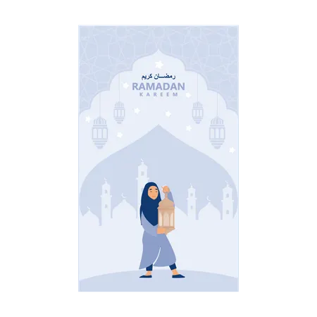 Muslim girl holding lantern with crescent moon and star  Illustration